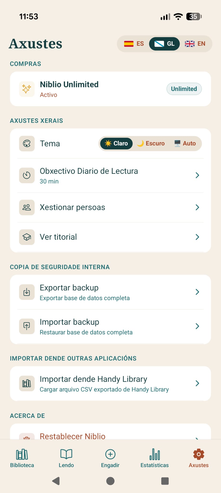 Pantalla de axustes de Niblio